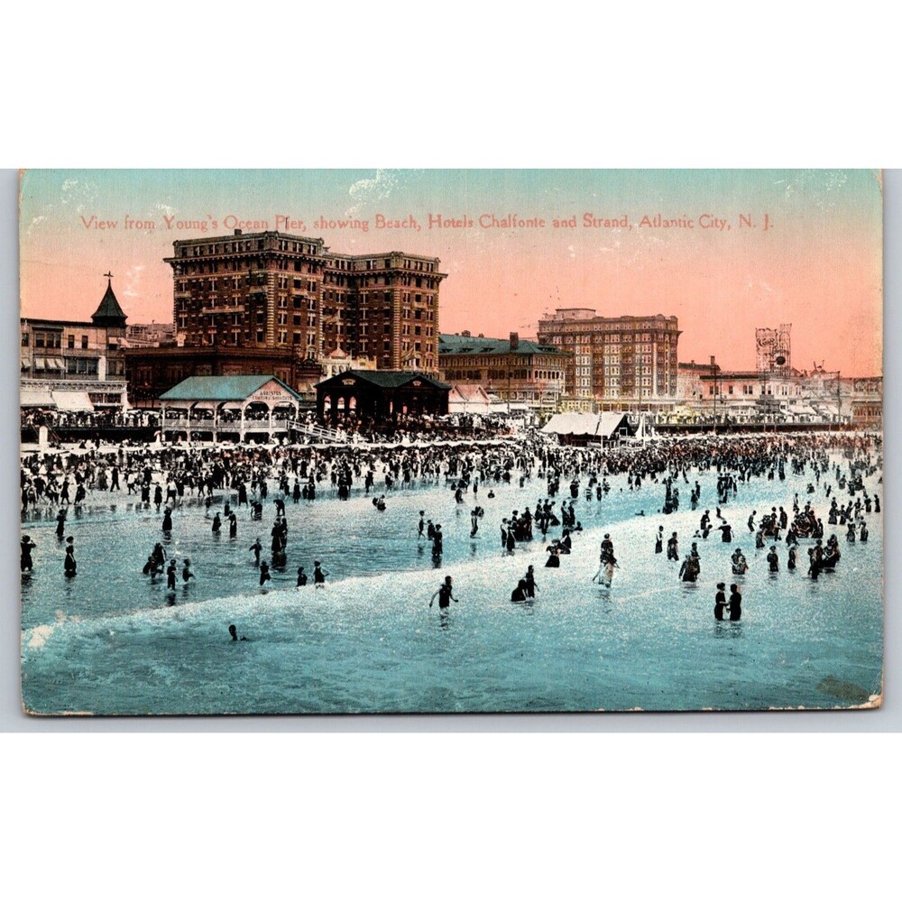 1912 Atlantic City NJ Postcard Young's Pier Chalfonte & Strand Hotels View